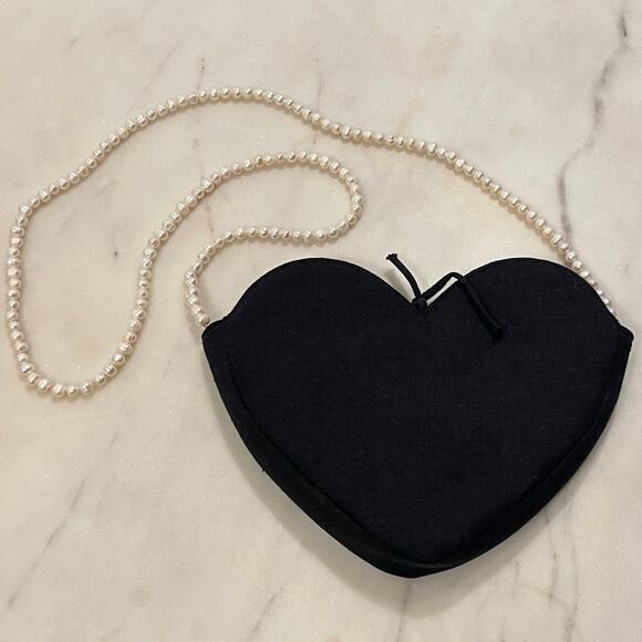 DONNI. | Black Linen Pearl Strap Mini Crush Heart-Shaped Crossbody Bag - Picture 2 of 6